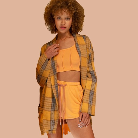POL Oversized Boho Yellow and Blue Plaid Blazer Jacket - Picture 5 of 11